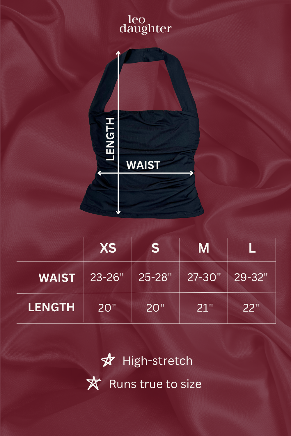 Black halter top with measurement chart on a red fabric background
