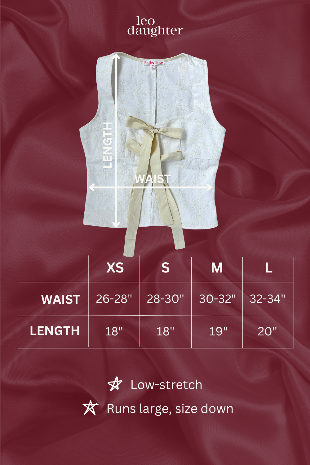 White sleeveless top with a bow on a red fabric background, featuring a size chart.