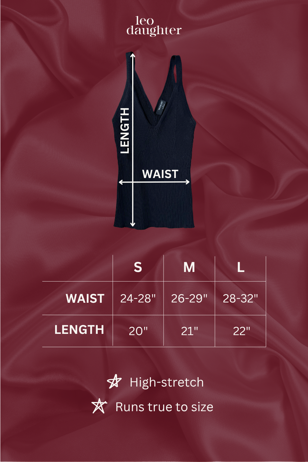 Black tank top with measurement chart on a red satin background